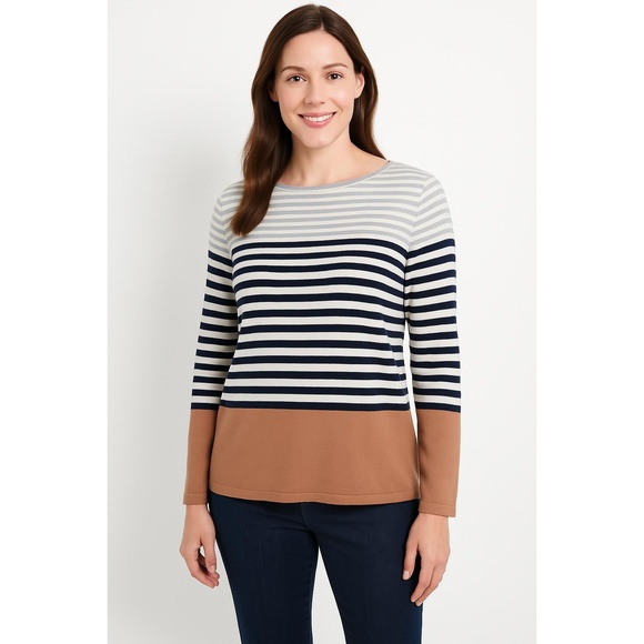 Talbots Sweaters - Talbots Womens Sz L Camel Grey Black Striped L/S Blouse Shirt Winter Cozy Warm